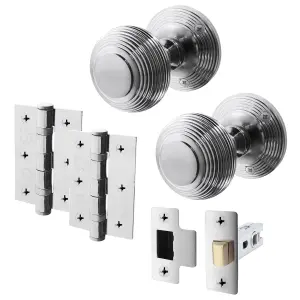 AFIT Beehive Door Knob Set Polished Chrome - 1 Pair of Reeded Mortice Knobs (55mm), Latch (76mm) & Hinges (76mm) for Internal Door