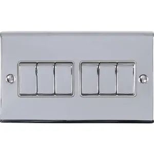 6 Gang Multi Light Switch POLISHED CHROME 2 Way 10A GREY Trim & Metal Rocker