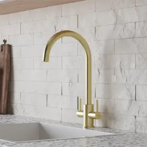 Liquida AD399BR Swan Neck Twin Lever Kitchen Mixer Tap In Brushed Brass