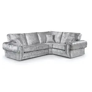 Chelsea Silver Crushed Velvet Large 4 Seater Corner Sofa 2 Corner 1 Rolled Arms