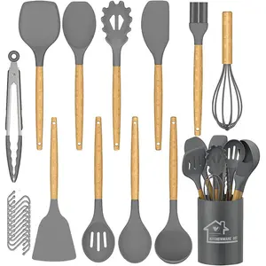 Kitchen Utensil Set Silicone Cooking Utensils Heat Resistant Nonstick Kitchen Tools With Hooks, Silicone Kitchen Gadgets With Wooden Handle, Turner Tongs Spatula Spoon Cooking Tools Grey