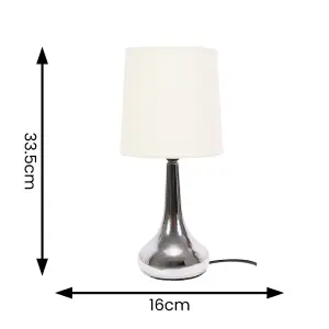 Pair - Silver Chrome Teardrop Touch Dimmer Table Lamps with Cream Shade for Bedside Table Bedroom Light