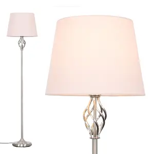 ValueLights Memphis Traditional Style Satin Nickel Barley Twist Floor Lamp with Pink Light Shade