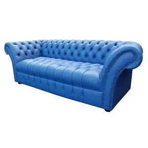 Chesterfield 3 Seater Buttoned Seat Deep Ultramarine Blue Leather Sofa Bespoke In Balmoral Style