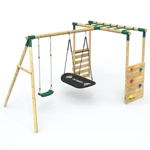 Rebo Wooden Garden Children's Swing Set with Extra-Long Monkey Bars - Double Swing - Sage Green