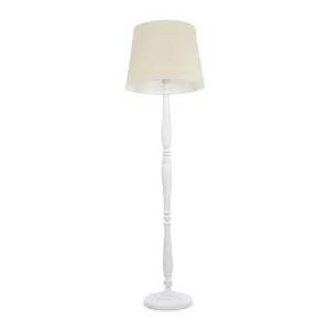 ValueLights Victoria Traditional White Wood Candlestick Floor Lamp with Beige Tapered Shade