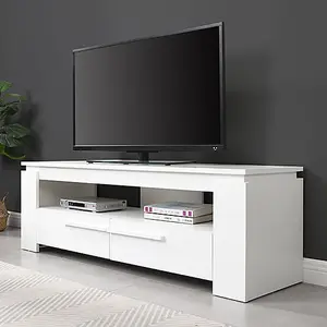 Portland TV Stand With Storage for Living Room and Bedroom, 1400 Wide, Two Drawers Storage, Media Storage, White Finish