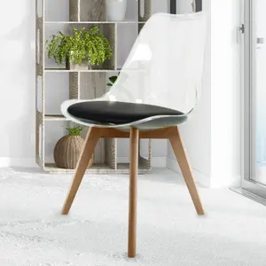 Soho Clear and Black Plastic Dining Chair with Squared Light Wood Legs