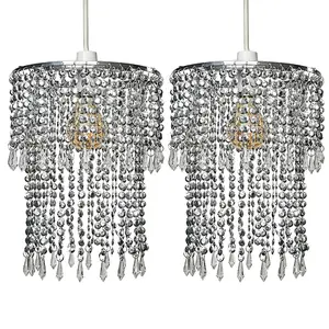 ValueLights Pair Of Ceiling Pendant Light Shades With Teal And Clear Acrylic Jewel Effect Droplets