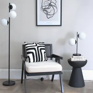 ValueLights Jas Black 3 Way Floor Lamp with White Frosted Glass Globe Shades