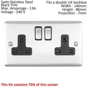 SATIN STEEL House Socket & Switch Set -14x Light & 14x Switched UK Power Sockets