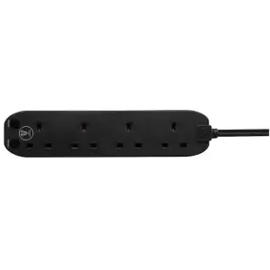 Masterplug black extension lead with surge protection - 4 sockets, 2 metre cable.