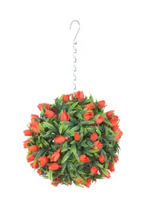 Best Artificial 24cm Orange Lush Tulip Hanging Basket Flower Topiary Ball - Suitable for Outdoor Use - Weather & Fade Resistant