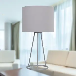 First Choice Lighting Tripod Silver Tripod Table Lamp with Ring Detail and Grey Fabric Shade