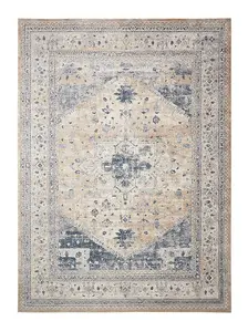 Beige Blue Traditional Floral Luxurious Easy to Clean Rug for Living Room Bedroom and Dining Room-66 X 231cm (Runner)