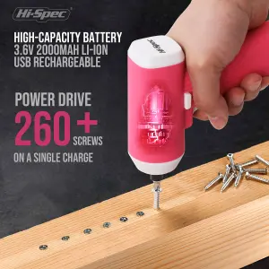 Hi-Spec 34pc 3.6V Pink Compact Electric Power Screwdriver & Bit Set. USB Rechargeable Battery for Cordless Screwdriving