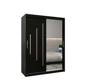 Stylish Black York II Sliding Door Wardrobe W1500mm H2000mm D620mm - Mirrored Storage with Silver Handles