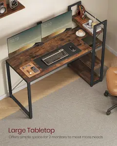 VASAGLE Home Office Desk with Storage Shelves, Extra Wide Writing Desk, Computer Table, Rustic Brown and Black