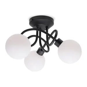 ValueLights Velika Black 3 Way Flush Ceiling Light with White Frosted Glass Lampshades - LED Bulbs Included