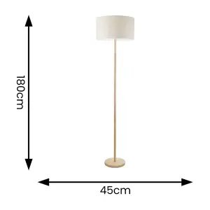 ValueLights Heather Light Wood Single Stem Floor Lamp with Natural White Trim Fabric Drum Shade