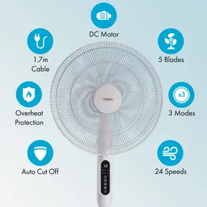 VonHaus Pedestal Fan 16 Inch, 24 Speeds, 3 Modes, Remote Control, 15hr Timer, 80 Degree Oscillating, Quiet, Height Adjustable