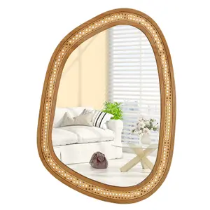 COSTWAY Irregular PVC Rattan Wall Mirror Wooden Framed Decorative Mirror