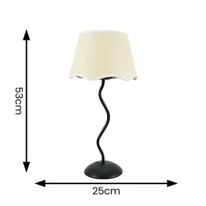 ValueLights Wiggle Black Metal Stem Table Lamp with Linen Scallop White Trim Tapered Lamp Shade and LED Bulb