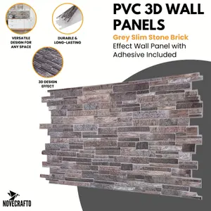 3D Wall Panels with Adhesive - 6 Sheets, 96 x 48 cm each, Covers 2.76 sqm - PVC Cladding with Grey Slim Stone Brick Effect