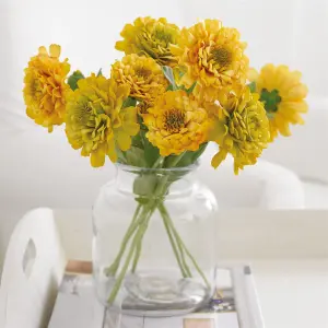 Bloom Artificial Single Green Yellow Zinnia Stem - Faux Fake Silk Flower Indoor Home Decoration Floral Arrangements - L30cm