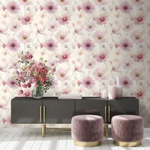 Muriva Lissa Flowers Pink Wallpaper Floral Petals Glamorous Feature Wall