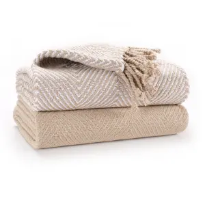 EHC Luxury Pack of 2 Chevron Cotton Single Sofa Throw Blanket, 125x 150cms - Beige