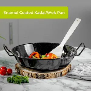 Royalford 22cm Enamel Wok Pan Induction Safe Paella Pan Kadhai Raised Handles