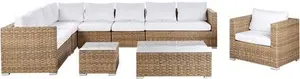 Garden Conversation Set Light Brown Wicker PE Rattan Corner Sofa With Armchair And Coffee Tables White Cushions Beliani