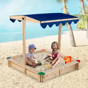 Costway Kids Wooden Sandbox Outdoor Children Play Sandpit w/ Height-adjustable Canopy