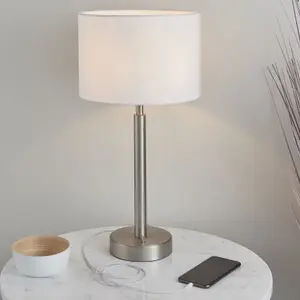 Table Lamp Matt Nickel & Vintage White Fabric 60W E27 USB Socket e10578