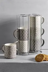 Next Grey Geo Embossed Set Of 6 Stacking Mugs - Grey