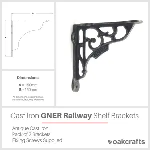 Oakcrafts - Pair of Antique Cast Iron 'GNER' Railway Victorian Style Shelf Brackets - 150mm x 150mm