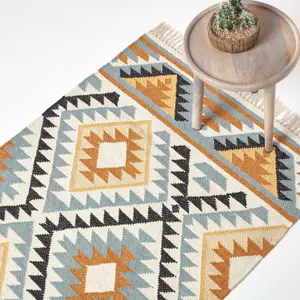 Homescapes Agra Handwoven Ochre Gold, Silver Grey and Black Diamond Pattern Kilim Wool Rug, 90 x 150 cm