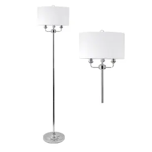 First Choice Lighting 3 Light Chrome Floor Standard Light with Light Cream Fabric Shade