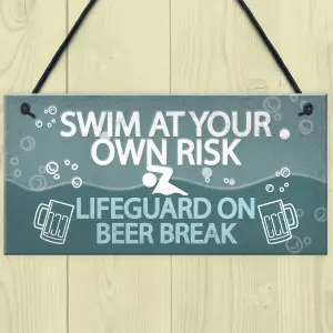 Red Ocean Funny Swim At Own Risk Hot Tub Pool Jacuzzi Hanging Garden Shed Plaque Wall Sign