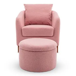 Teddy Boucle Fabric Pink Angela Accent Tub Chair with Ottoman