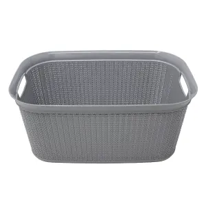 JVL Knit Design Loop Plastic Rectangular Linen Washing Basket with Handles, Grey