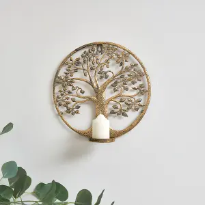 Melody Maison Round Antique Gold Tree of Life Candle Wall Sconce