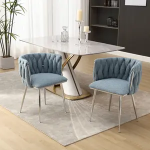 Pair of Modern Hand Weaving Dining Chairs Upholstered Side Chairs Kitchen Chairs with Armrest for Dining Room Blue