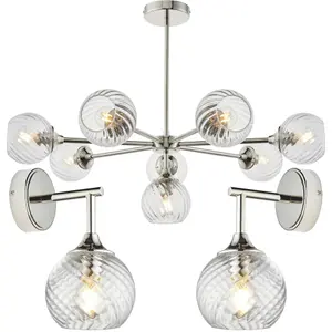 8 Light Pendant Lamp & 2x Matching Wall Lights - Bright Nickel Clear Spiral Patterned Shade