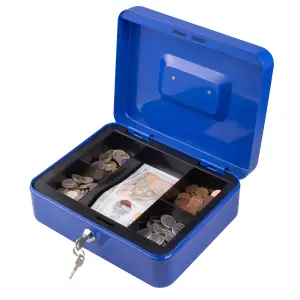 Hardys Metal Cash Box Money Bank Deposit Steel Tin Security Safe Petty Key Lockable - 10" Blue