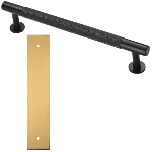 Pull Handle & Contrasting Backplate Set - Knurled Round T Bar - Matt Black & Satin Brass