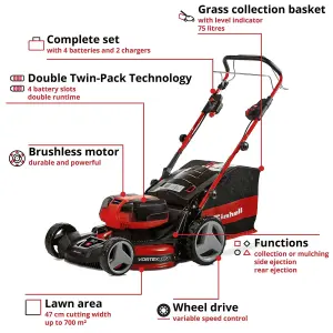 Einhell 47cm Cordless Lawnmower Self Propelled 36V Rotary With Battery And Charger Power X-Change 75L Grass Box GP-CM 36/47 S HW