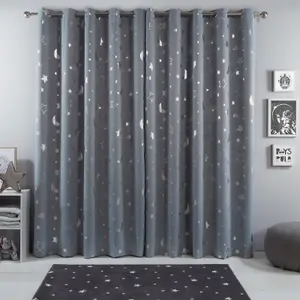 Dreamscene Galaxy Star Thermal Blackout Curtains PAIR of Eyelet Ring Top Ready Made Panels Metallic Moon - Silver Grey, 46" x 54"