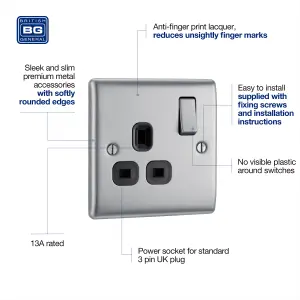 BG Nexus Switched Socket 1 Gang Plug 13A Brushed Steel - NBS21B